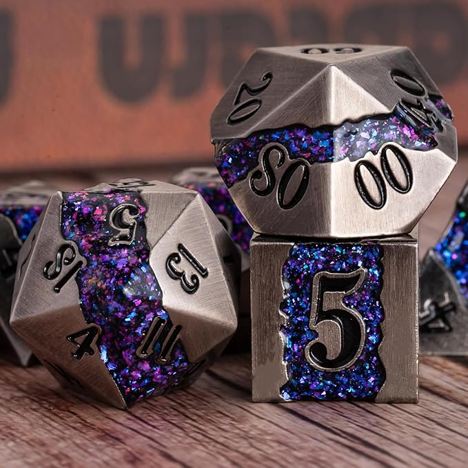 Metal Dice Set D&D, 7 PCS RPG Metallic Glitter Stripe Dice Set with Gift Box for Dungeons and Dragons Role Playing Games
