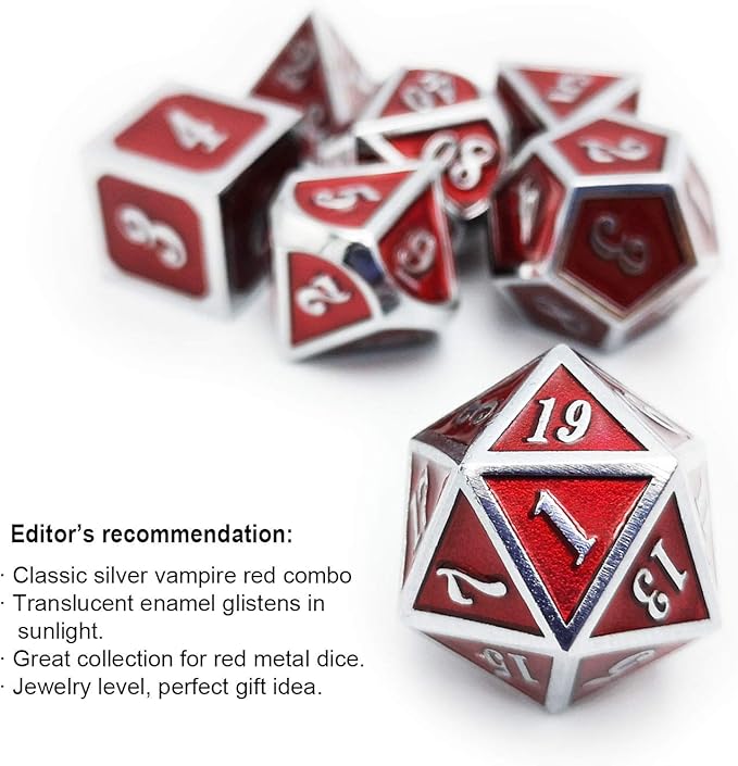 Haxtec Metal Dice Set D&D Red Silver DND Dice Set for Dungeons and Dragons RPG Games Leather Dice Bag DND Gifts-Glossy Enamel Dice (Silver Red)