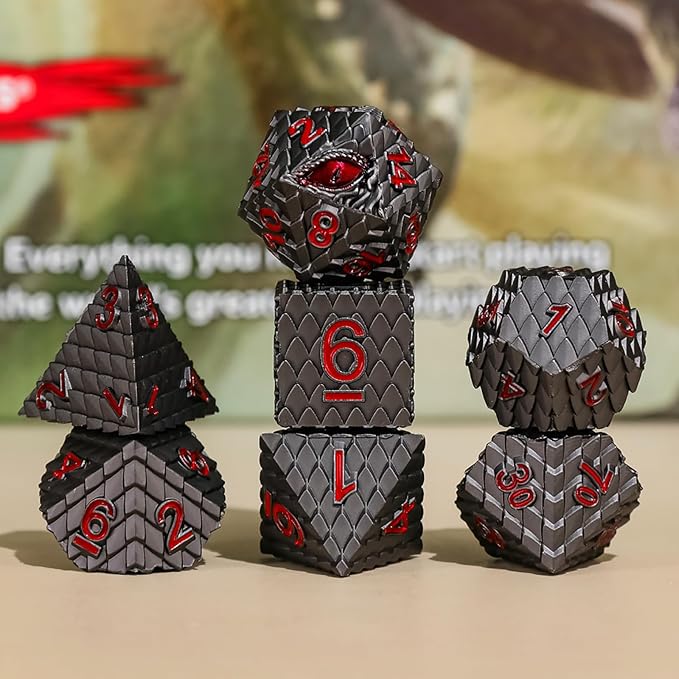 Metal Dice Set D&D,7 PCS Dragon Scale Metallic DND Dice Set,Dragon Eye Metal Dice with Gift Metal Box for Dungeons and Dragon Tabletop Game (Black Dragon Scale & Red Eye)