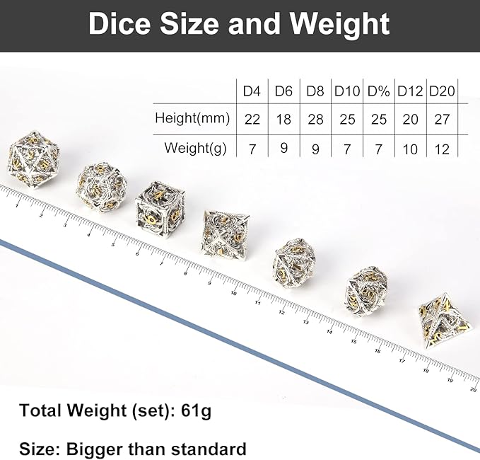 DND Dice,Hollow D&D Metal Dice,Dungeons and Dragons Dice Set with Gift Box,7 PCs Steampunk Polyhedral Dice Games Set for RPG,MTG,Pathfinder,(Dragon Silver Golden)