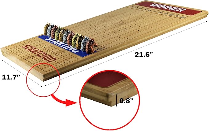 Metal Horse Race Board Game Set with Horse Racing Thick & Solid Wood Game Board(22”/Natrual),11 Luxurious with 4Antique(Gold,Silver,Red Cooper&Bronze) Metal Craft Horses, Dice&Cards (HR-F554)