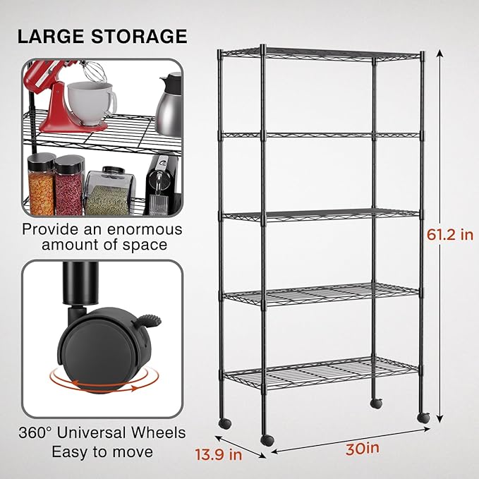 FDW Adjustable Storage Shelves 5-Tier Wire Shelving Unit Heavy Duty Metal Shelves with Wheels 14”Dx30”Wx61”H Storage Shelf Rack for Home Kitchen Commercial, Black