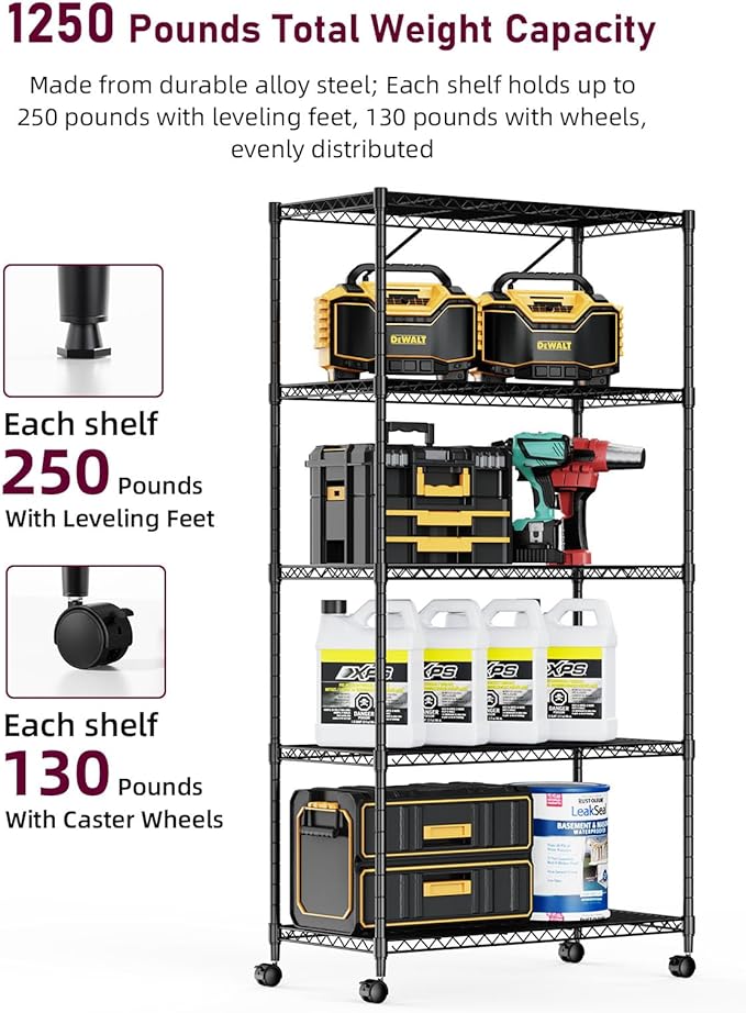 YSSOA Heavy Duty 5-Shelf Storage Shelving Unit, 1250lbs Loading Capacity, 29.92" D x 13.98" W x 62.99" H Adjustable Steel Organizer Wire Rack, Black