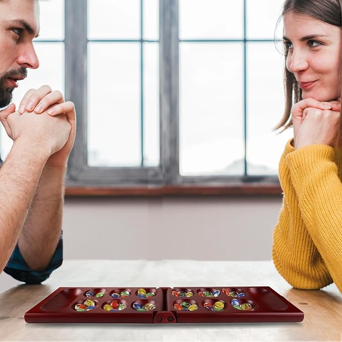 GSE Games & Sports Expert Folding Wooden Mancala Board Game with Multi-Color Glass Stones and Storage Bag, Portable Family Travel Strategy Games Set for Kids & Adults (Mahogany)