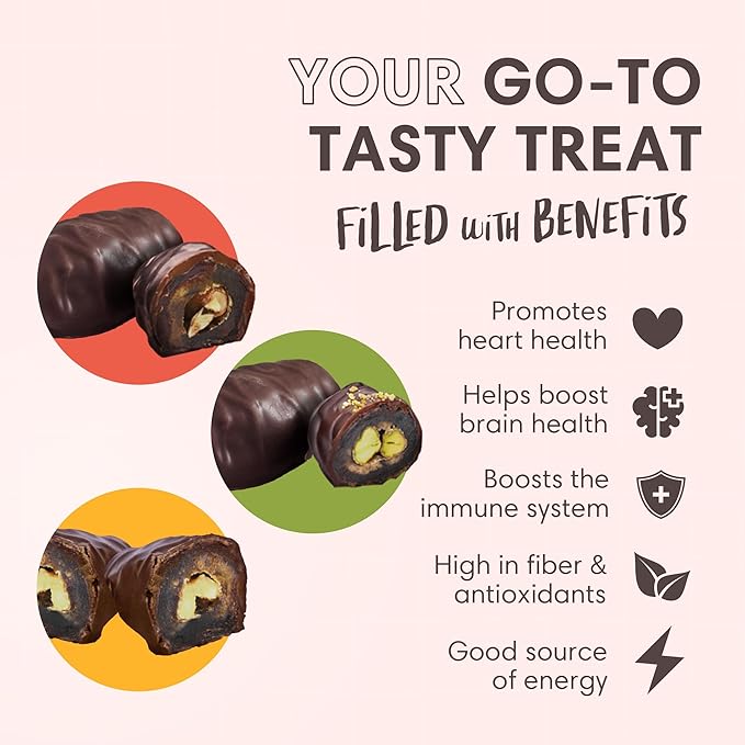 DORREL - Trio Bundle Pack: Belgian Dark Chocolate Covered Dates Medjool with Walnuts, Salted Almonds & Pistachio Stuffing, High Energy Kosher Non-GMO Choco Snack Pack of 3, 7.05 oz Ea