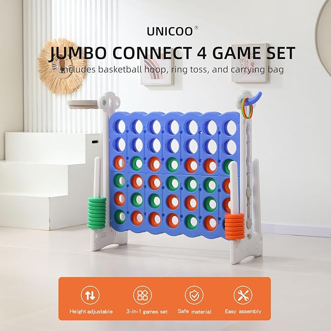 UNICOO® Height Adjustable Jumbo 4-to-Score Game, 4 in A Row Game with Basketball Hoop, Ring Toss, Carrying Bag, Indoor Outdoor Yard Game, Parties & Family Gatherings