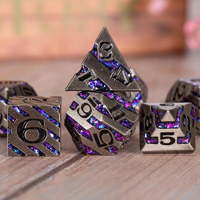 DND Metal Stripe Dice Set,7 PCS Polyhedral RPG Dice Set with Gift Case for Dungeons and Dragons (Antique Nickel Purple)