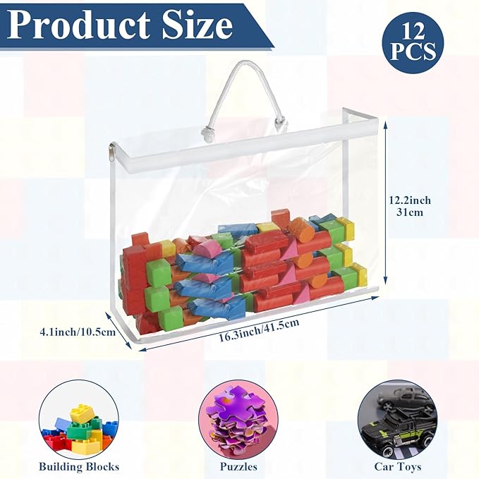 12 Pack Clear PVC Toy Storage Bag with Zipper, Plastic Toy Storage Bags with Handle, Dust-Proof and Waterproof Toy Organizer Bags, Portable Handheld Toy Travel Bag for Blocks Set, Puzzles, Small Toys