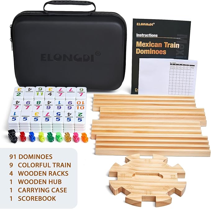Mexican Train Dominoes Set with 4 Wooden Trays/Racks and Portable Carrying Case,Travel Colorful Double 12 Dominoes - 91 Numbered Tiles,for Kids and Adults