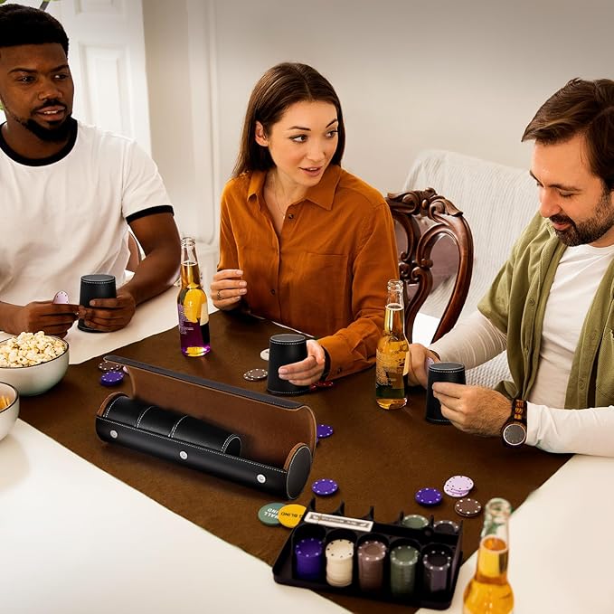 Leather Dice Cup Set, 5 Black Leather Dice Cups + 25 Dice + Exclusive Storage and Transport Case Made of Faux Leather