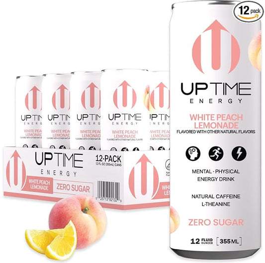 UPTIME Energy Drink, White Peach Lemonade Sparkling, 12 Pack, Vitamin C, L Theanine, Calcium, Sugar Free Energy Drinks for Focus Support, 142mg of Natural Caffeine, 5 Calories, Clean, 12 fl oz Cans