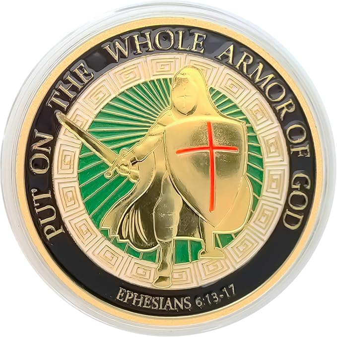 Armor of God Coin Challenge CoinRound Commemorative Coins Put on The Whole Armor of God Souvenir Prayer Metal Christian Coin for Military Church Party Collectors (Edition A - 9 Pcs)
