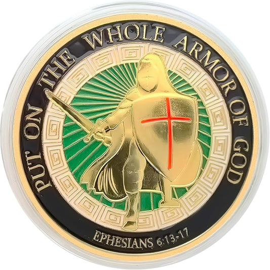 Armor of God Coin Challenge Coin Round Commemorative Coins Put on The Whole Armor of God Souvenir Prayer Metal Christian Coin for Military Church Party Collectors (Edition A - 3 Pcs)