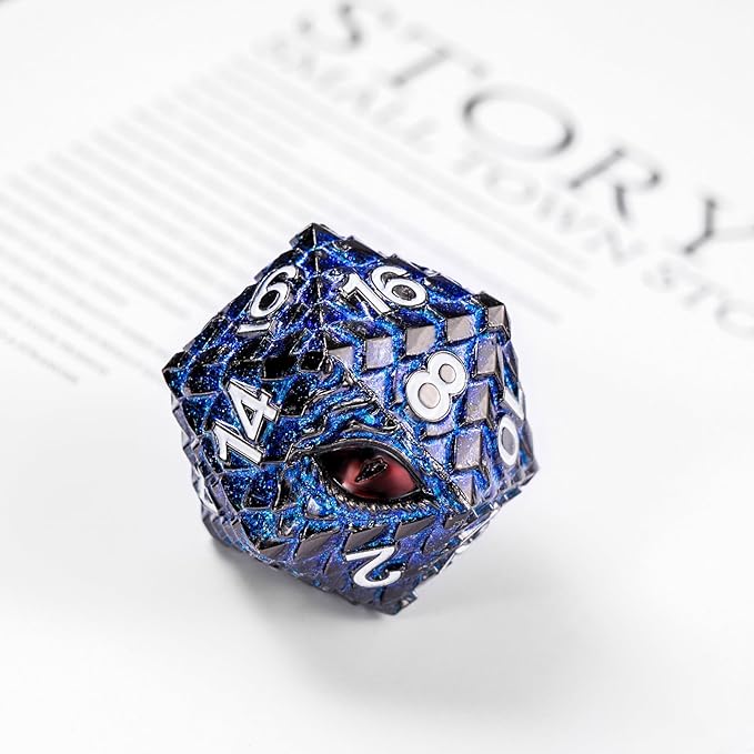 Metal D20 DND Dice Set - Dragon Scale Metallic 20 Sided Giant Polyhedral Dice,35mm Large Dragon Eye Metal D&D Dice Set for Dungeons and Dragon Tabletop Game(Blue Glitter Dragon Scale)