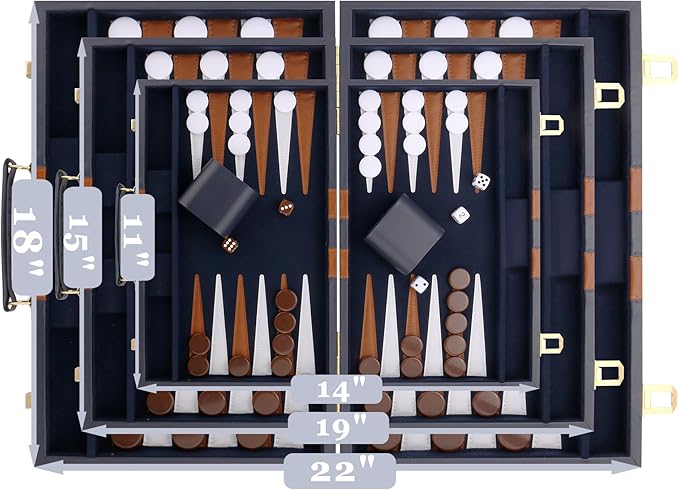 Backgammon Set - Classic Board Game with Premium Leather Case - Portable Travel Strategy Backgammon Game Set for Adults, Kids - Suitable as (15inch, Navy)