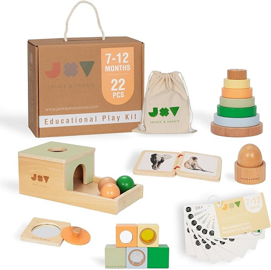 Jackie & Vancie Montessori Toy Set for Babies 7 to 12 Months, Sensory Playkit 6 in 1 Wooden Learning Toys with Object Permanence, Rainbow Stacker, Mirror Puzzle, Sensory Blocks, Egg & Cup, Wooden Book