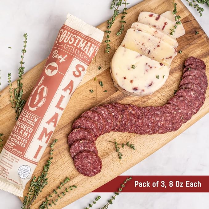 Foustman's Salami Beef Salami, Artisanal Beef Salami, Authentic Flavor for Versatile Snacking and Keto Diets, Gluten-Free, Dairy-Free, Nitrate-Free, Pack of 3, 8 Oz Sticks Each