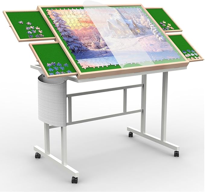 Jigsaw Puzzle Table 1500pcs,Puzzle Table with Legs and Storage Pocket,5 Adjustable Up Level Puzzle Tables for Adults with Drawers and Wheels,Wooden and Green Color