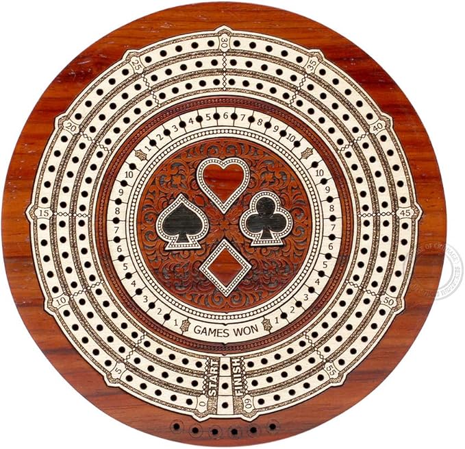 Round Shape 3 Track Non-Continuous Cribbage Board - Push Drawer Storage for Pegs and 1 Deck of Cards with Score Marking Fields for Won Games (Bloodwood/Maple Wood)
