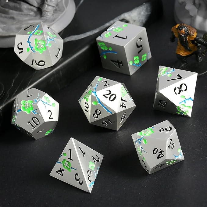 Glow in The Dark Metal Dice, DNDND 7 PCS Green Metallic D&D Dice Set with Gorgeous Gift Case for Dungeons and Dragon Tabletop Game (Glow in The Dark Green)