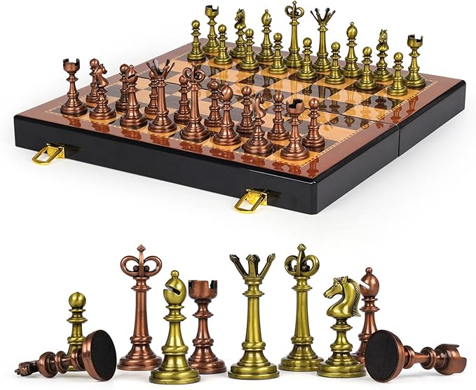 Vintage Metal Chess Set for Adults – 15" Wooden Chess Board with Metal Chess Pieces Travel Chess Set with Retro Chessmen – Collectible Elegant Chess Game – Family Vintage Board Game for Kids