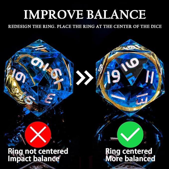 Magic Golden Ring DND Dice Set with Dice Box, Blue Resin Sharp Edge D and D Dice for use with D&D Tabletop Games Handmade Lord Polyhedral Dice Set D20 D12 D10 D8 D6 D4