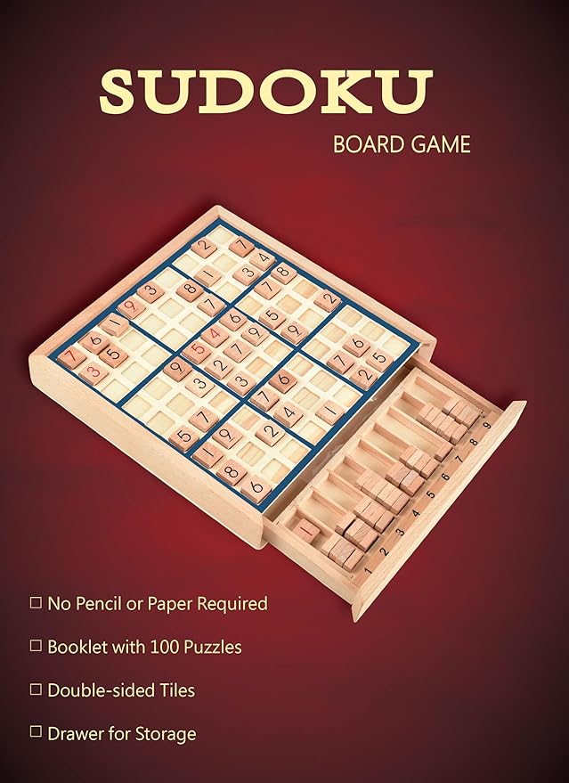 BOHS Wooden Sudoku Board Game with Drawer - with 100 Puzzles Sudoku Book for Adults - Brain Teaser Desktop Toys
