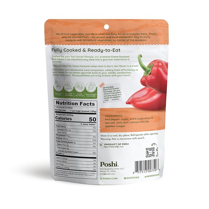 POSHI Flame Roasted Red Peppers in Extra Virgin Olive Oil Natural, Keto, Vegan, Non GMO, Low Carb + Calorie, Gluten Free, Ready to Eat, Fully Cooked Vegetables, Pentry Food, Gourmet, 6 Pack, 5.4 oz