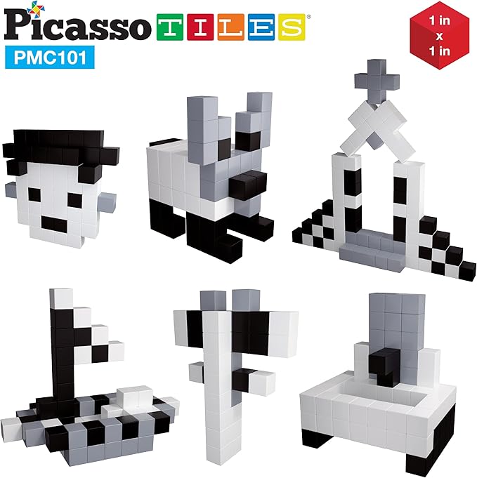 Picasso Cubes 1” Magnetic Puzzle Cube 101 pcs Black and White Magnet Construction Building Block Set Sensory Toy Early Education STEM Learning, Free Ideabook with 53 Ideas, Children Age 3+ Boy Girl