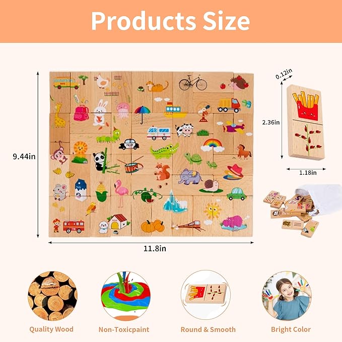 VORA Wooden Matching Game, 40Pcs Puzzle Games for Kids, Dominos for Kids, Quantity Relationship Matching Game, Double-Sided Matching Puzzles with Storage Bag, Montessori Toys for 3+ Year Old