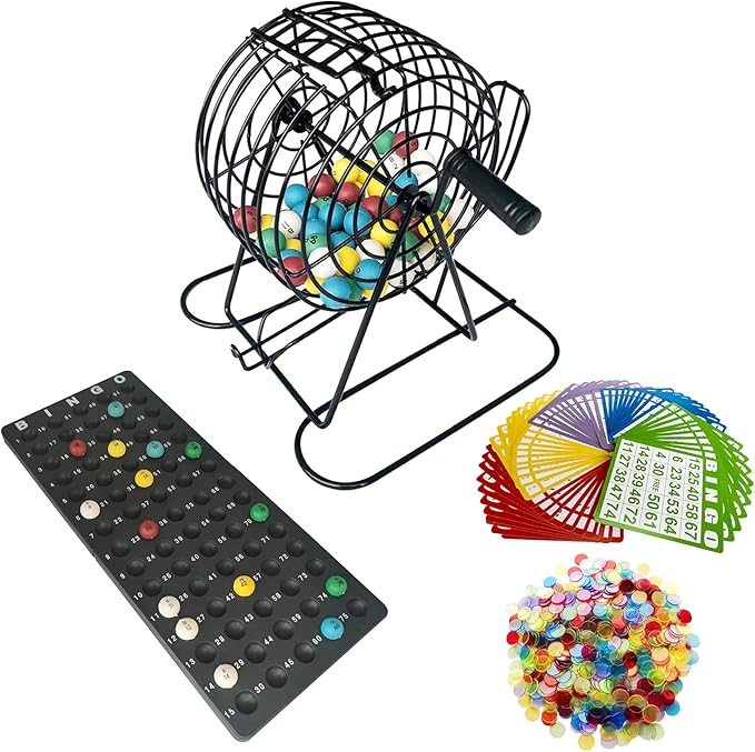 Yuanhe Deluxe Bingo Games Set - Metal Cage with Calling Board,50 Bingo Cards,300 Colorful Bingo Chips,75 Colored Balls, Great for Adults Kids Large Groups,Parties Events Family Game Nights