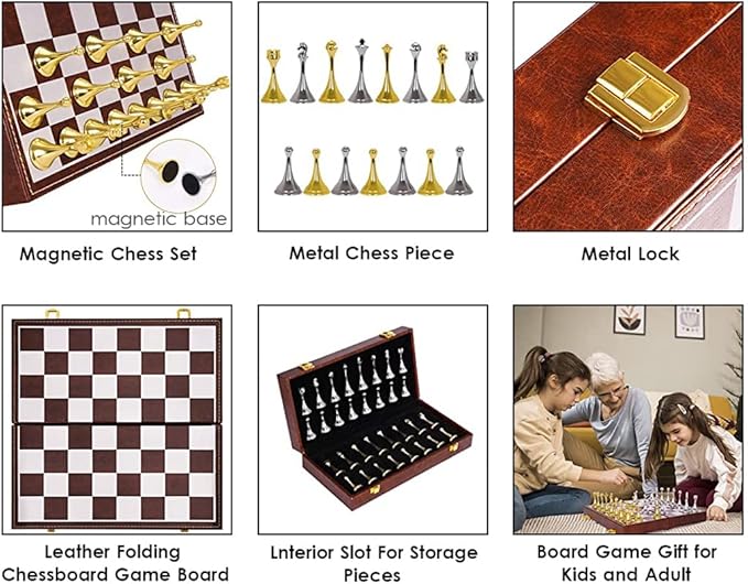 Chess Set, Magnetic Travel Chess Set, Large Metal Deluxe Chess Retro Alloy Adult Board Game Portable Wooden Box Storage Folding Chess Set,D
