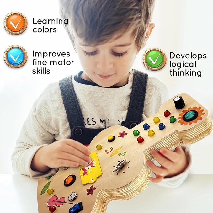 Wooden Montessori Musical Busy Board for Toddlers for 3-5 Year-Old with Mechanical Turner, Colorful Bulbs, Switches, Buttons - Enhance Sensory, Motor Skills