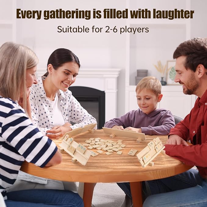 Rummy Cube Game 2-6 Players with 6 Wooden Racks/Trays and 162 Wood Rummy Cards, Bright and Large Number Edition Rummy Tiles and Portable Case, Classic Rummy Set for Adults and Family