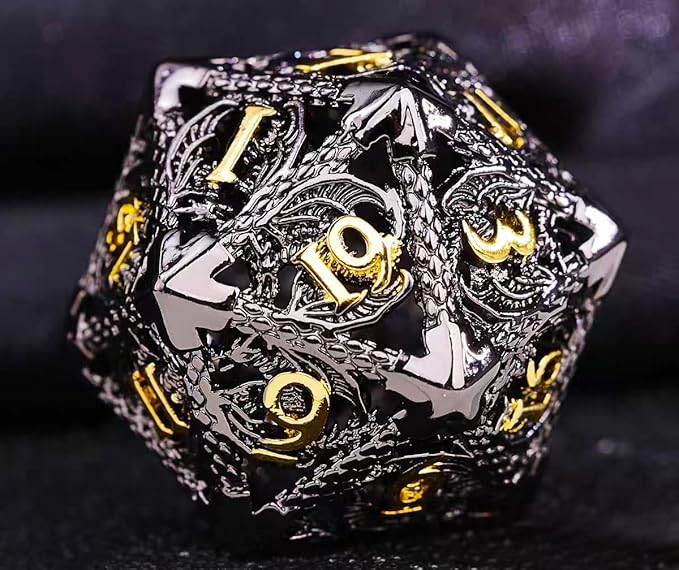 Metal DND Dice Set Dungeons and Dragon Dice Set Hollow Dragon Polyhedral Magic 7 PCS Dice Set with Gift Metal Box for Dungeons and Dragons Table Games Play Cards MTG(Dragon_Black Plus Gold)