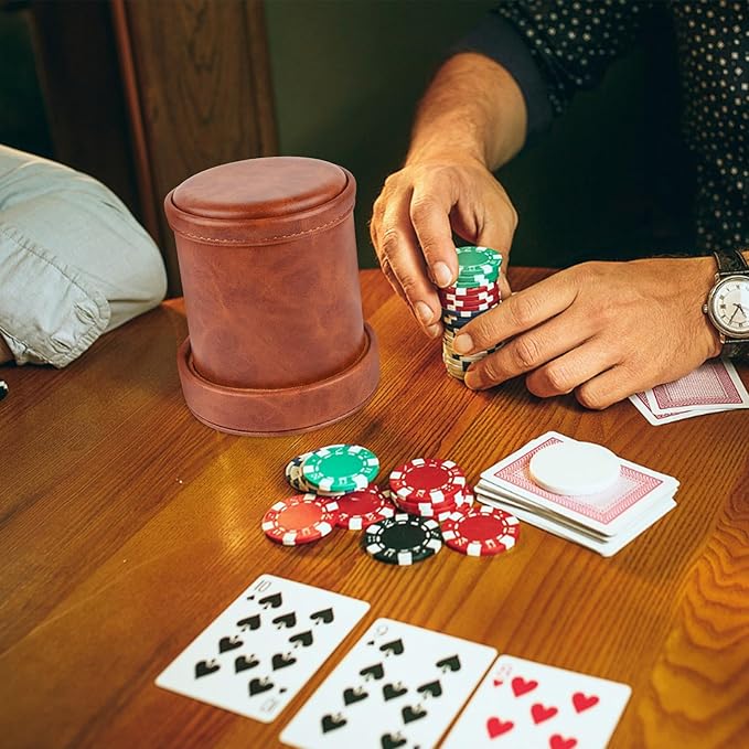 Brown PU Leather Dice Cup with Lid, Velvet Interior Quiet Dice Shaker Cup with 6 Dice for Liars Dice/Farkle/Yahtzee Games, 1 Pack