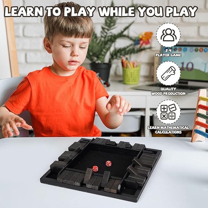 Agirlgle 12 Inches Shut The Box Dice Game, 1-4 Players Wooden Family Board Math Game with 12 Dice ,Strategy Dice Game for Adults Classic Tabletop Educational Game for Family, Classroom, Home or Pub