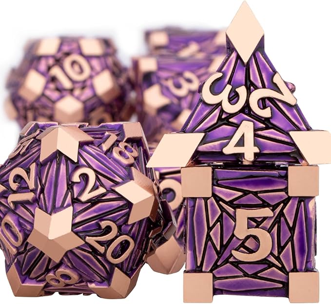 7PCS Metal DND Dice Set with Box, Debris RPG Purple D and D Dice for use with D&D Tabletop Games Role Playing Game Polyhedral Dice Set D20 D12 D10 D8 D6 D4
