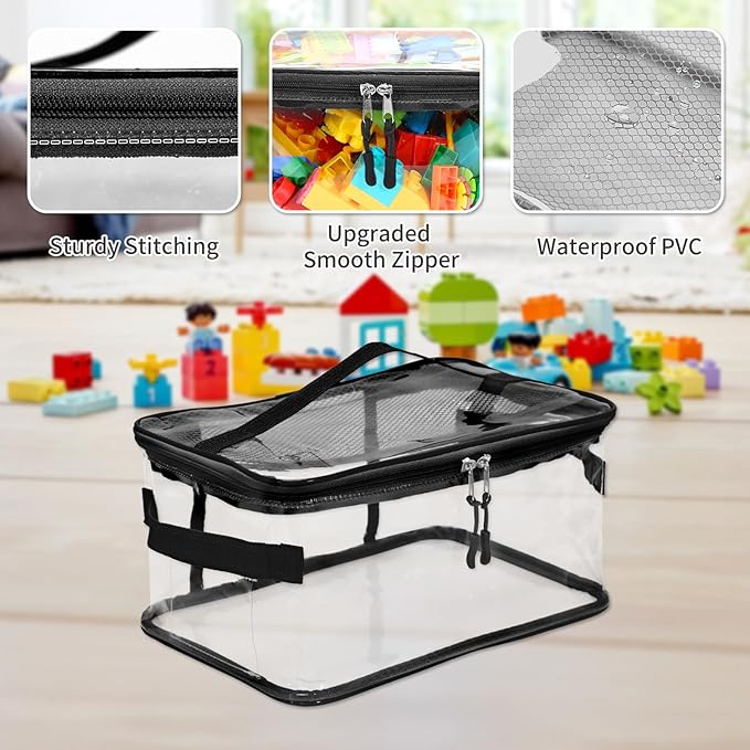 8 Pack Extra Large Clear Toy Storage Bags, Large Capacity Transparent Waterproof PVC Toy Organizing Bags with Name Tag and Manual Pocket for Building Blocks Board Games, Puzzle, Kids Books (Black)