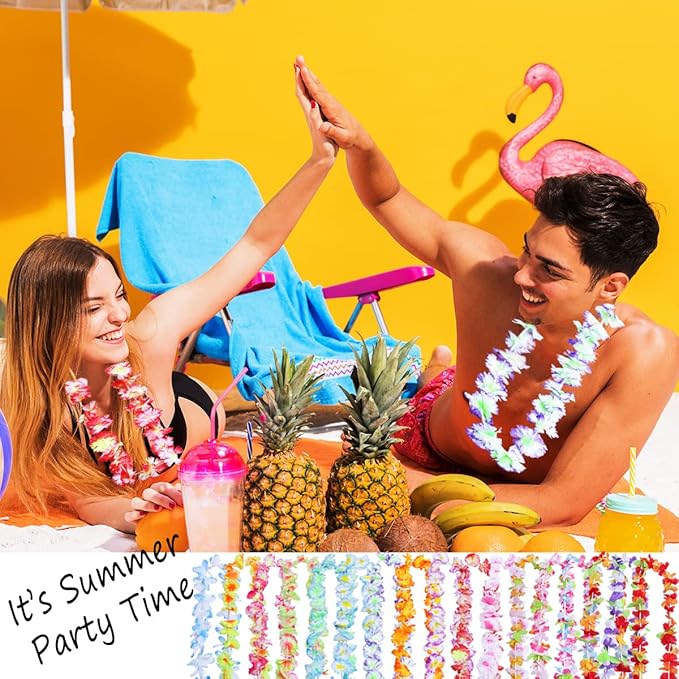 150 Pieces Hawaiian Leis Party Decorations, 50 Styles Flower Necklace Bulk for Tropical Theme Beach Supplies Night Bar Luau Aloha Beach Vacation