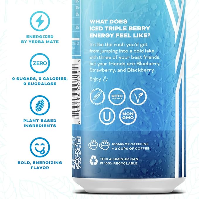 Yerbaé Energy Beverage - Iced Triple Berry, 0 Sugar, 0 Calories, 0 Carbs, Energized by Yerba Mate. Yerbae is a Plant-Based, Healthy Alternative to Sugary Energy Drinks, 16oz cans (12 Pack)