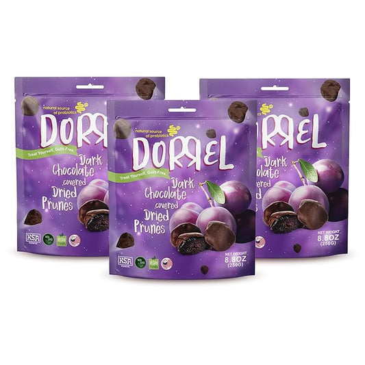 DORREL - Belgian Dark Chocolate Covered Dried Prunes, High Energy Vegan Choco Snack, Delicious, Kosher & Non-GMO, Pack of 3 Dark Chocolate Fruit Bites, 8.8 oz / 250 g Ea