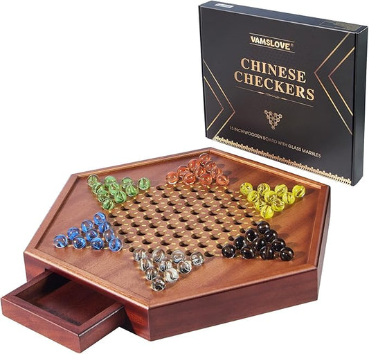 VAMSLOVE Chinese Checkers 15" Large Upgraded Version Wooden Game Board, 16mm 60+12 Colorful Glass Marbles, Easy Grasping for Adults and Kids, w/Storage Drawer, Fun for Family Gathering
