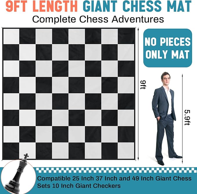 9x9ft Giant Chess Game Mat Nylon Board Mat for Outdoor with 4 Ground Nails and Storage Bag, Compatible with 25 37 49 Inch Giant Chess Sets and 10 Inch Large Checkers, Checker Not Included