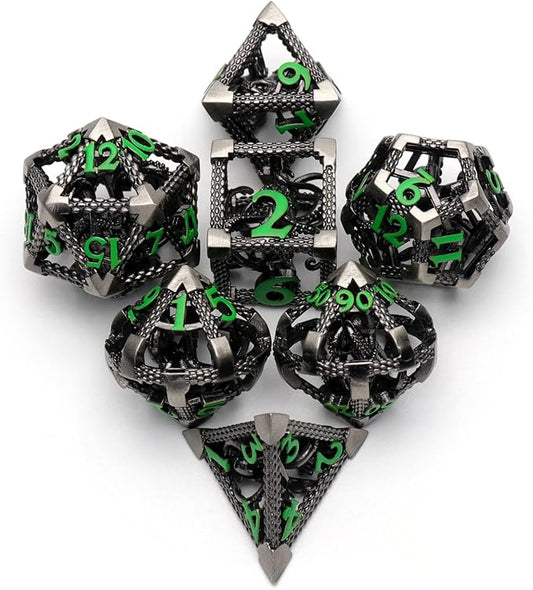 Hollow Cthulhu Metal Polyhedral Dice Set - D&D, Pathfinder, Warhammer, Shadowrun Gaming Dice (Green Number)