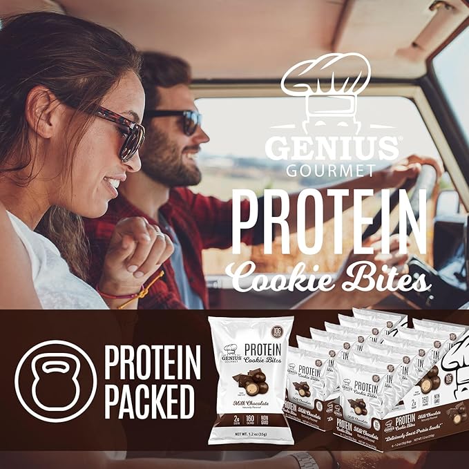 Genius Gourmet Protein Cookie Bites Milk Chocolate - 10g Protein, No Added Sugar, Low Carb, Non-GMO - Sweet Protein Desserts & Protein Snacks for Adults and Kids - 12 Bags