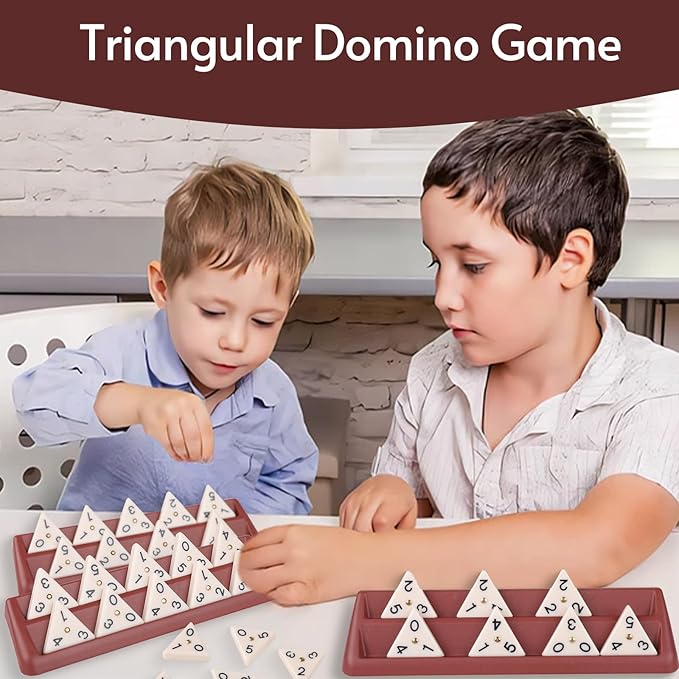 Triangle Domino Game Set with 56 Triangular Domino Tiles & Brass Spinners | Includes 4 Plastic Racks + Travel Case + Friendly Instruction | Classic Family Strategy Board Game for Ages Kids & Adults