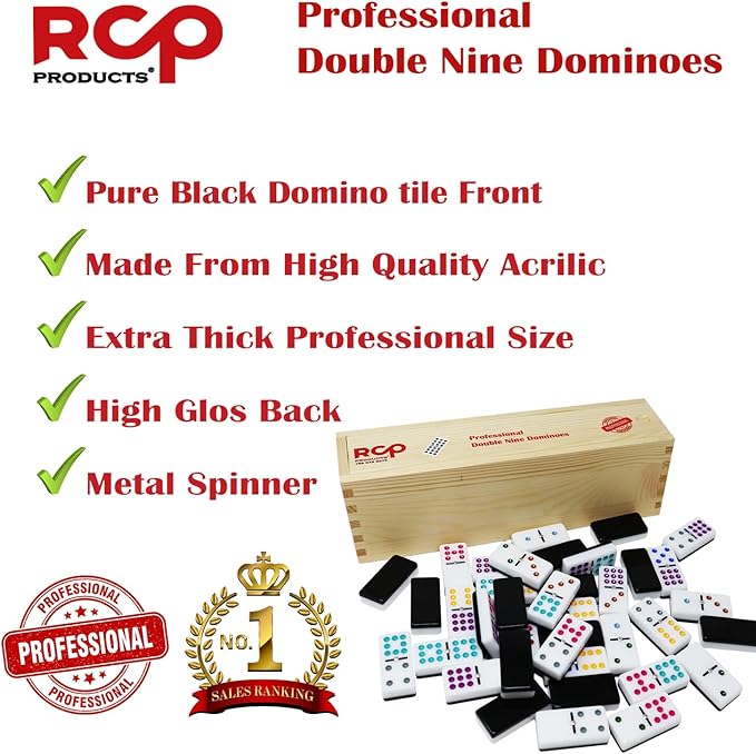 Dominos Set for Adults – Professional Double 9 Dominoes Set of 55 Tiles, Metal Spinner, Classic and Travel Board Game with Wood Case Juegos de Mesa (Black)