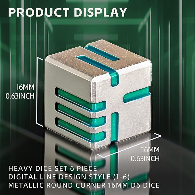 6 of Pack 16MM Metal 6 Sided Dice Set,White Green Line Round Edges Game Dice Set, with Gift Box for Dungeons and Dragon,Bunco or Teaching Math Tabletop Game(White Green)