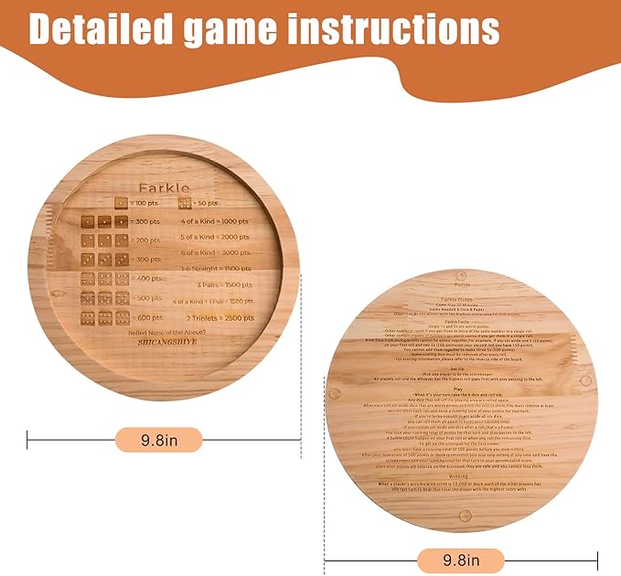9.8-Inch Wooden Farkle Dice Tray with Printed Rules - Classic Farkle Board Game Set with 12 Pearl Dice, Score Pad & Velvet Pouch for Family Game Nights